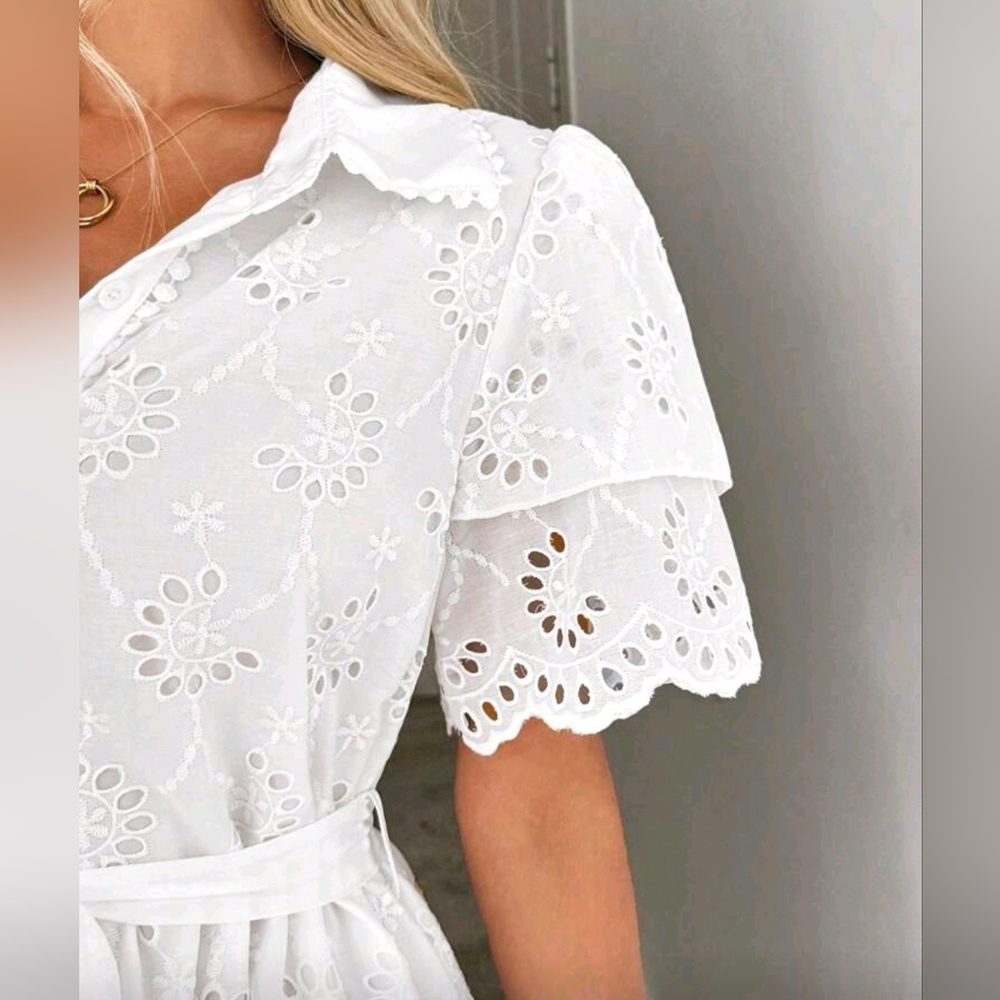 New Embroidered Eyelet Lace Tie Waist Midi Dress Short Sleeve White - Picture 5 of 11